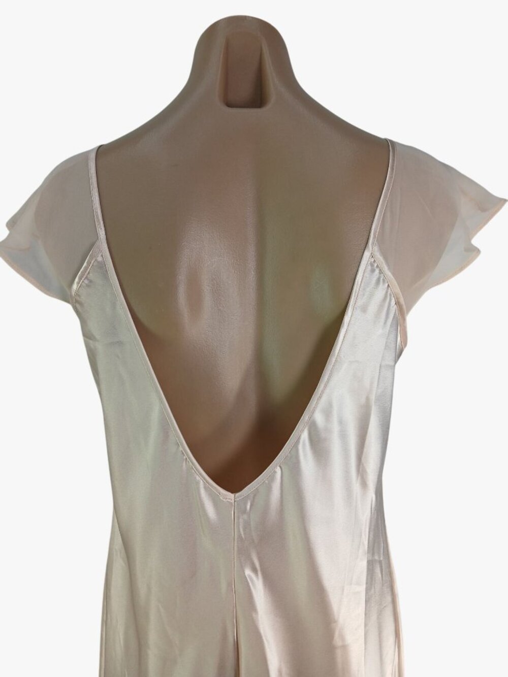California Dynasty Satin Size L Pink Nightgown Lace Applique Sheer Flutter Sleev - Picture 8 of 10